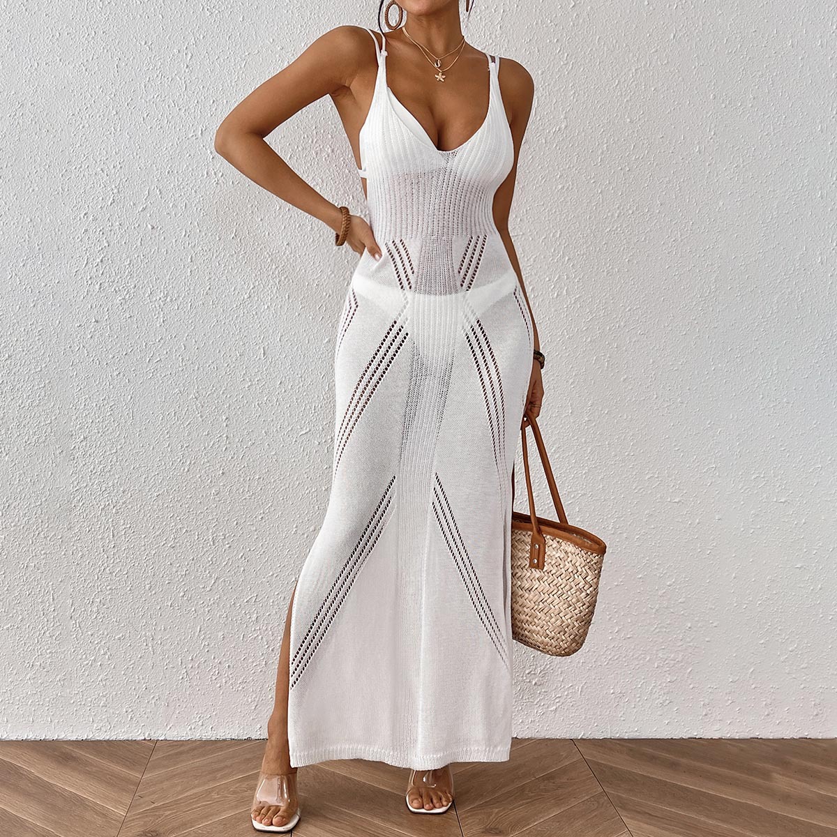 Beach Knit Split Maxi Dress Sleeveless V-Neck Crochet Beach Cover Up